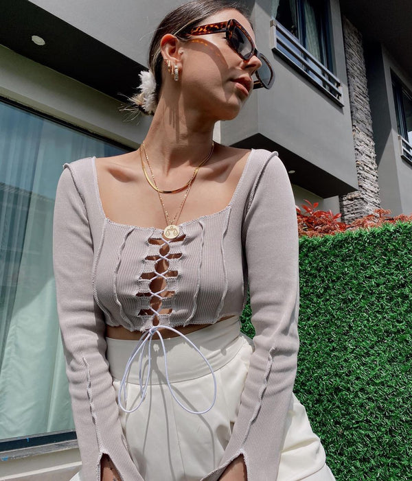 Bluza Crop cu Snur Crem
